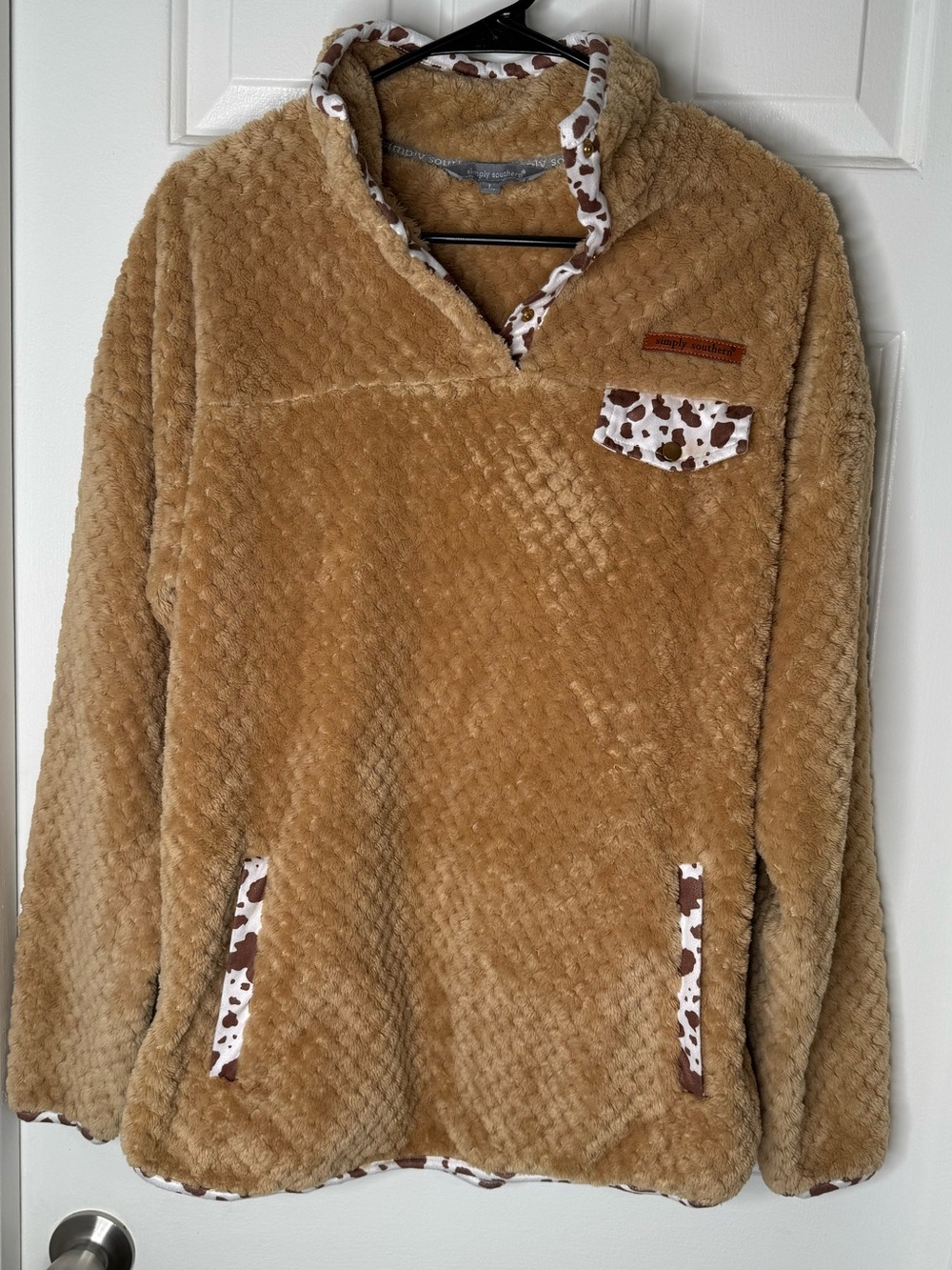 Simply Southern Tan Sherpa Pullover with Cow Spot Trim